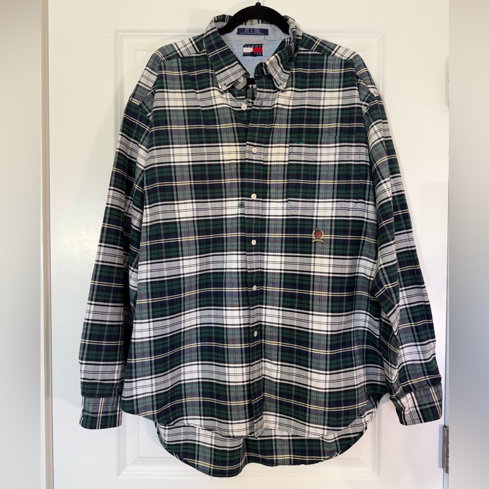 Vintage Tommy Hilfiger Men's Green Plaid Shirt